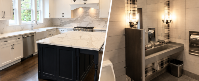 Modern kitchen and stylish restroom interiors