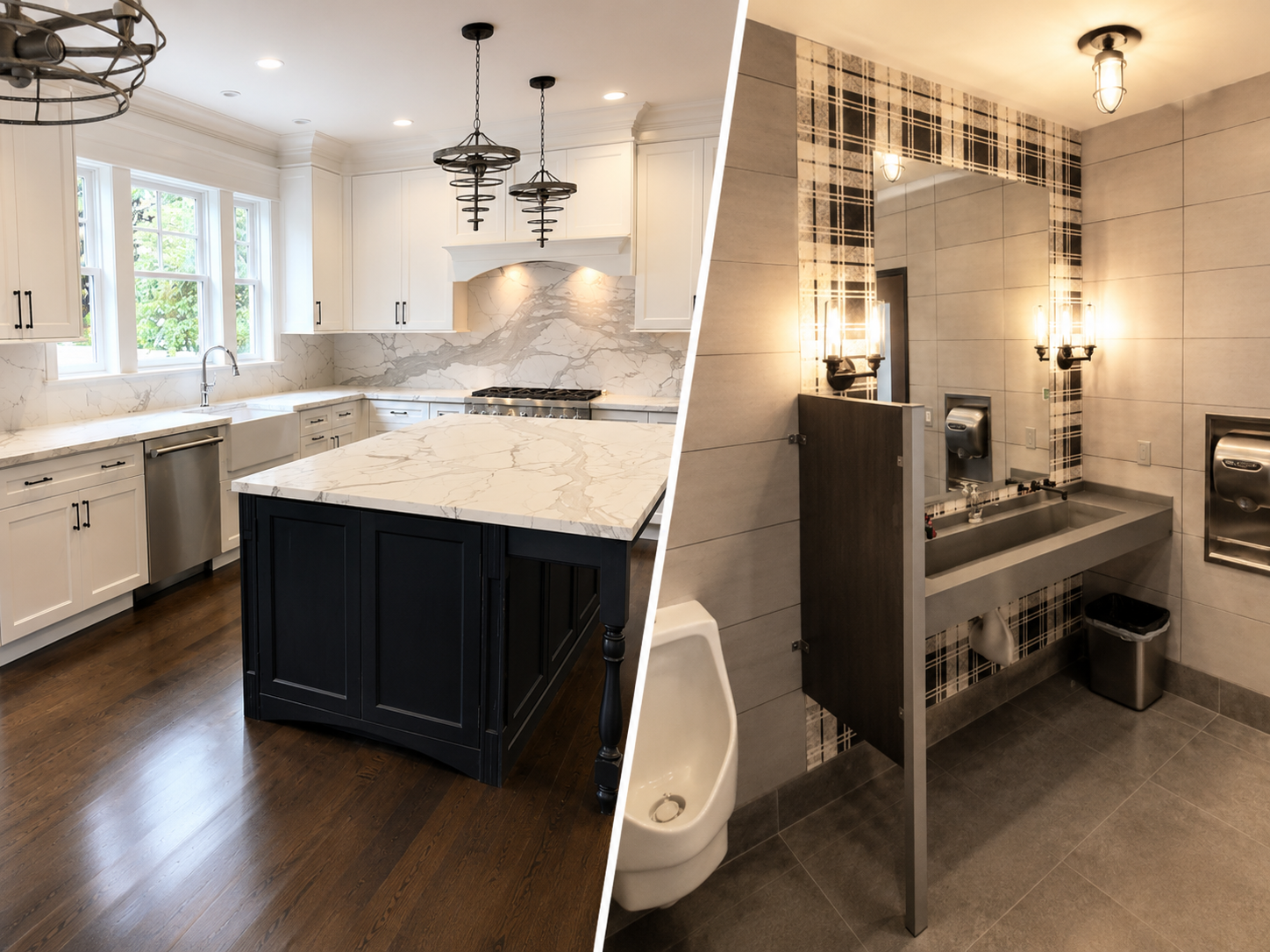 Modern kitchen and stylish restroom interiors